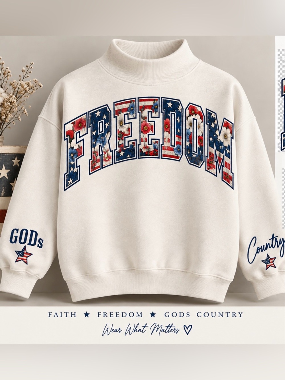 Freedom Floral Graphic Turtleneck Sweatshirt - Cream-pre orders